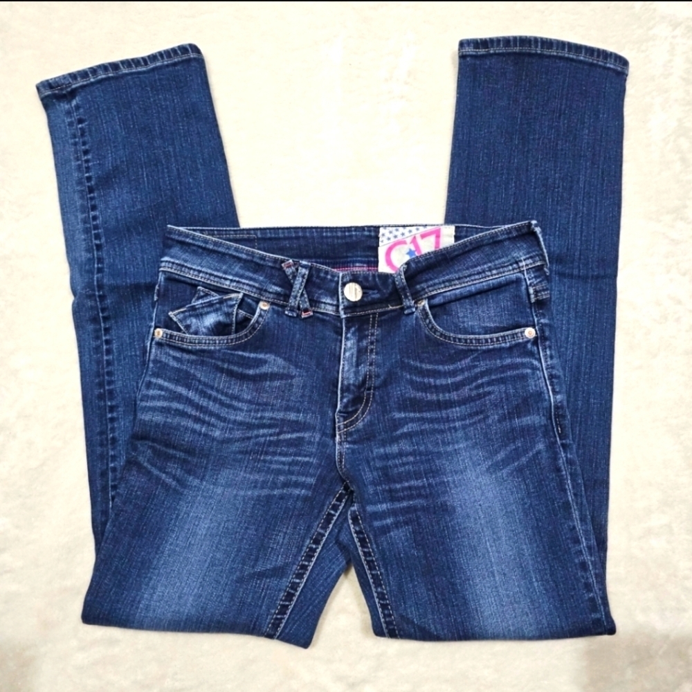 C‑SEVENTEEN ✦ Embroidered Straight‑Leg Jeans ✦ Blue Wash Low‑Rise Stretch Denim - Picture 3 of 14